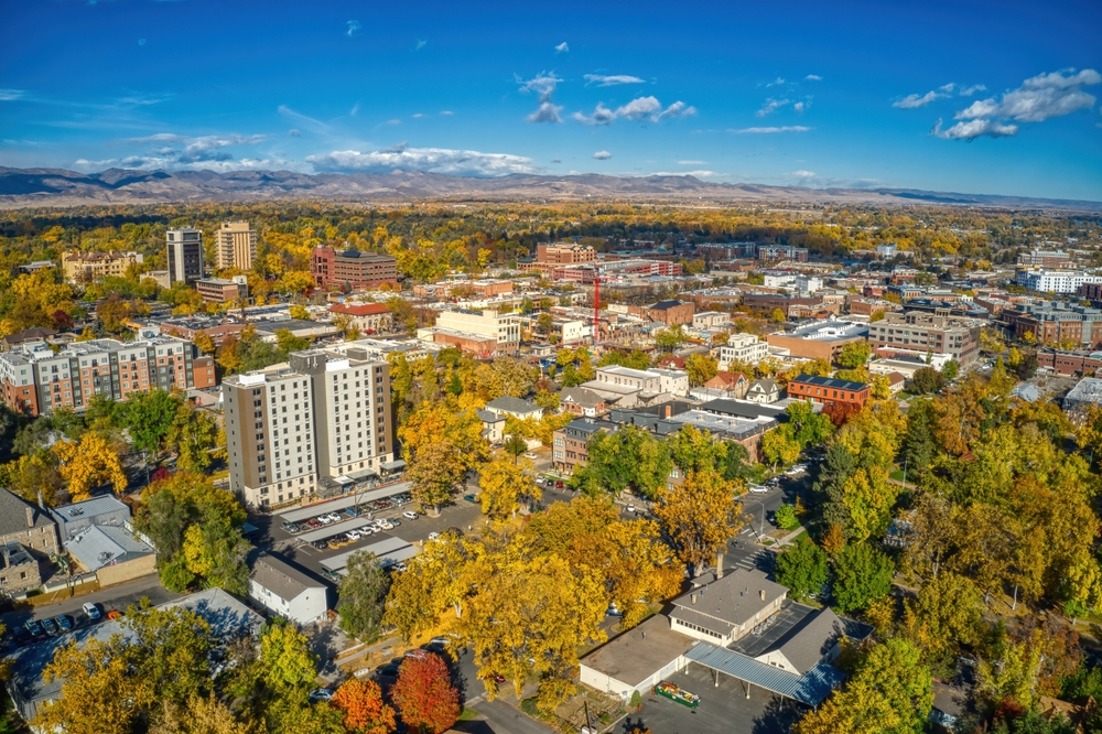 Aerial view of downtown Fort Collins Colorado in the fall